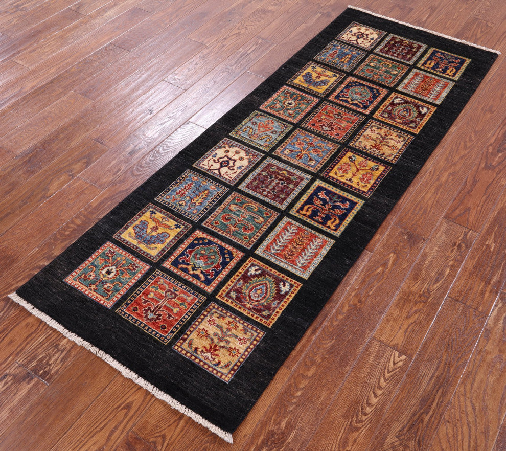 2' 6" X 6' 7" Persian Garden Design Black Hand Knotted Runner Rug Q10684