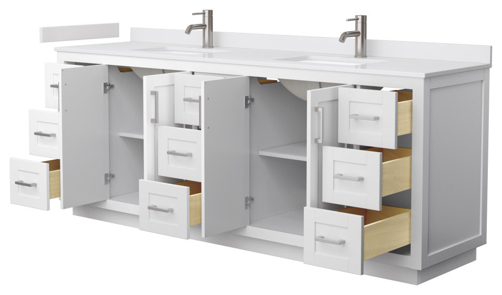 Miranda White/Brushed Nickel, 84" Double, Cultured Top, Square, No Mirror