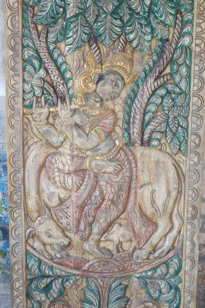 Consigned Vintage Carved Wood Wall Art Fluting Krishna Custom Barndoor