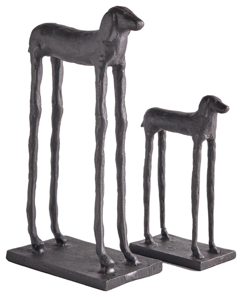 Tall Bronze Metal Dog Sculptures Set 2 Hounds Beagle Dachshund Long Legs