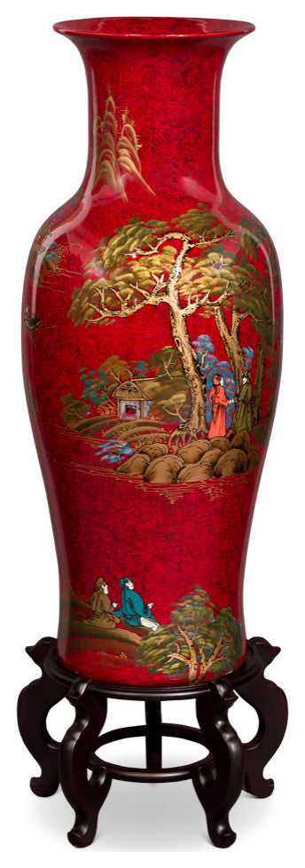 36in Red Lacquer Chinoiserie Scenery Motif Chinese Porcelain Vase