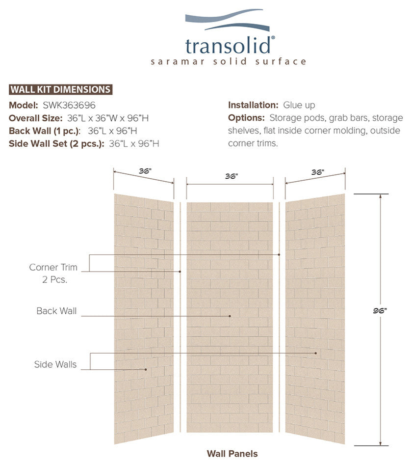 Transolid SaraMar 36" X 36" X 96" Glue to Wall 3-Piece Shower Wall Kit, Cashew