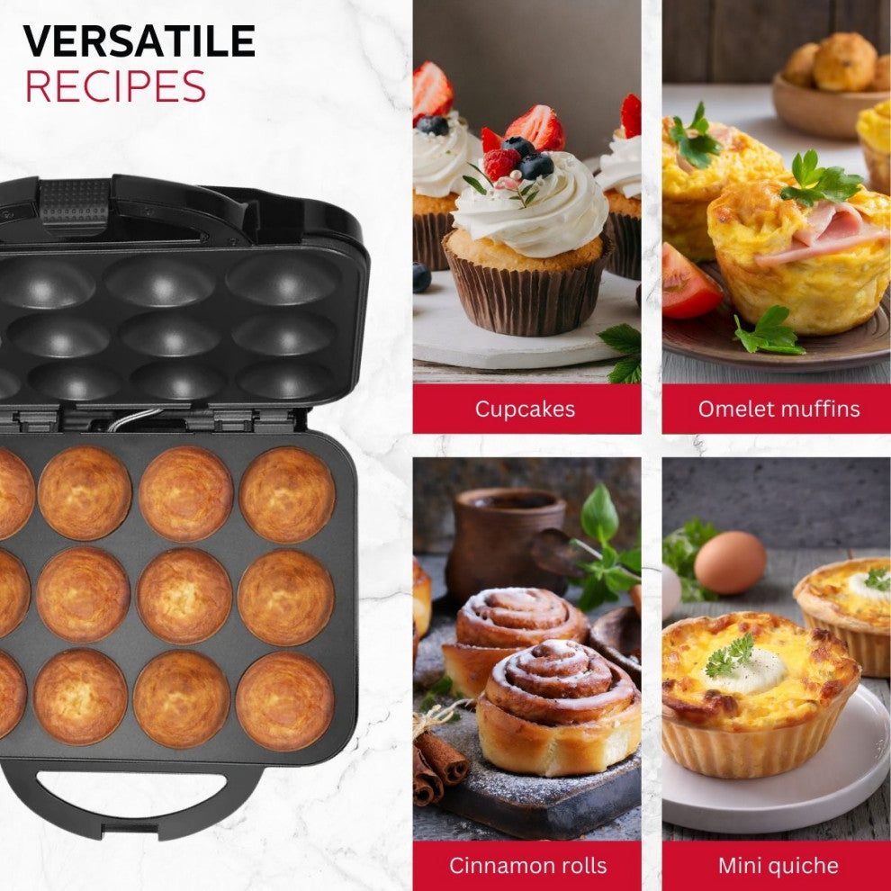 Holstein Housewares Cupcake Maker, 12 Full Size Muffins, Cinnamon Buns, and more, Black