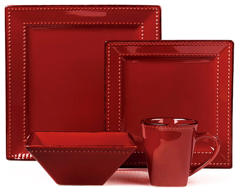 16 Piece Square Beaded Stoneware Dinnerware set by Lorren Home Trends, Red