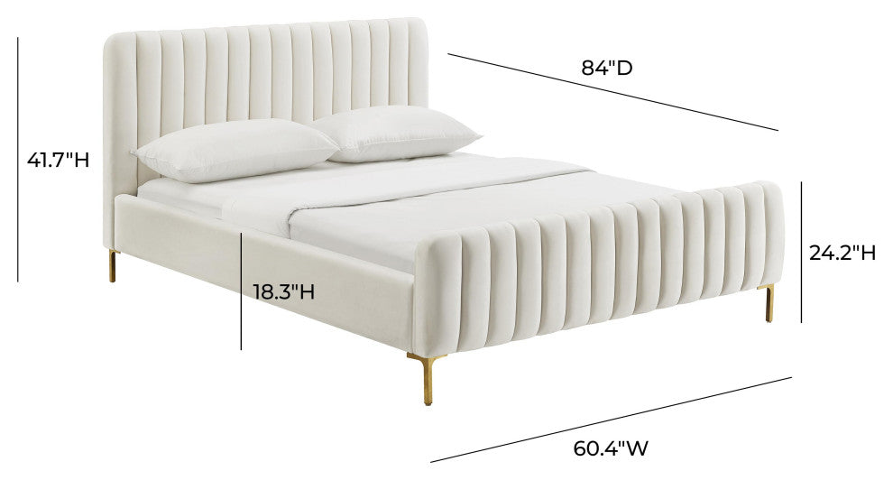 Angela Velvet Upholstered Bed, Cream, Full