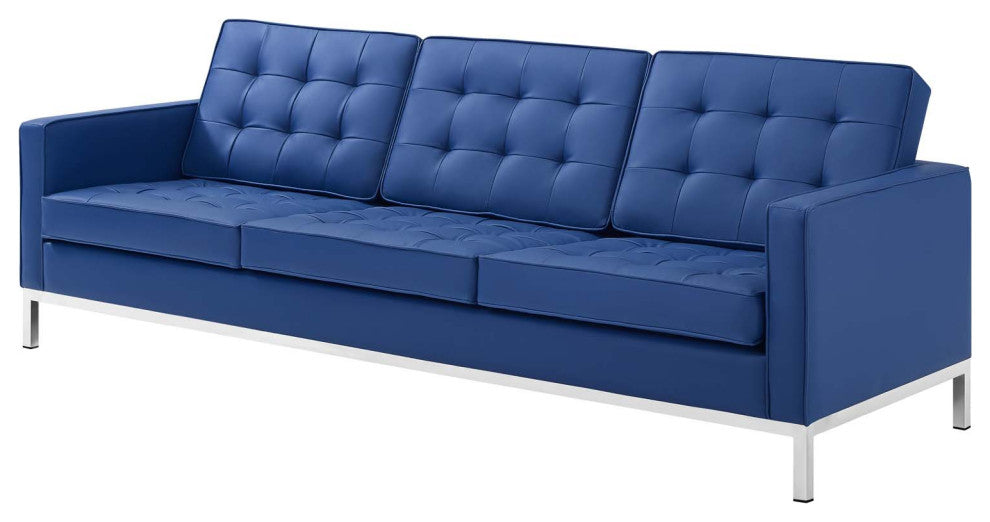 Tufted Loveseat and Sofa Set, Faux Leather, Silver Blue Navy, Modern, Lounge