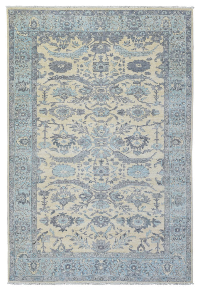 Ivory Hand Knotted Fine Peshawar Heriz Design Soft Wool Oriental Rug, 6'1"x9'0"