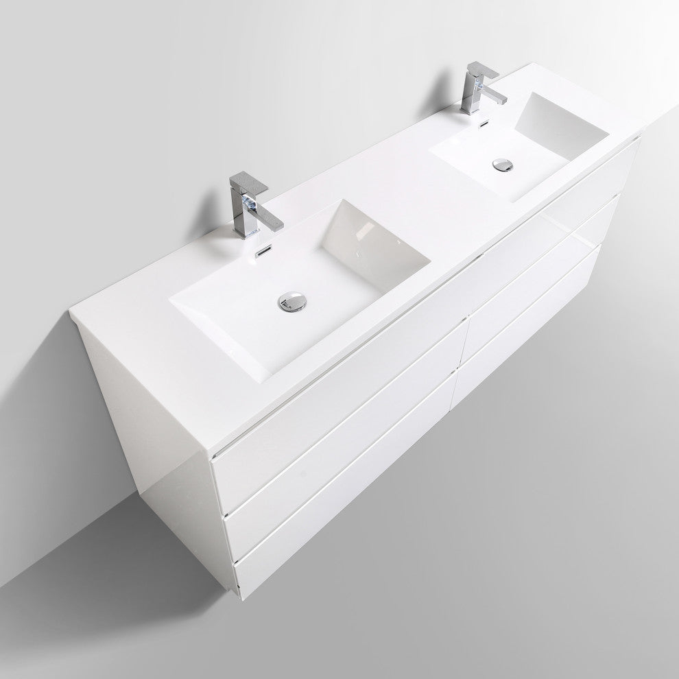 Freestanding Bath Vanity with White Cultured Marble Top, Hg White, 70" X 20"
