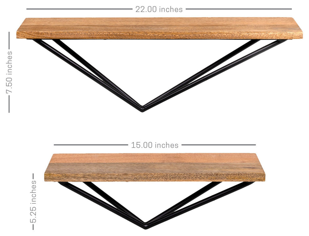 Set of Two Geometric Wood and Metal Wall Shelves