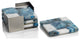 Corfu 4-Piece Set Agate Coasters on Metal Tray, Blue-White