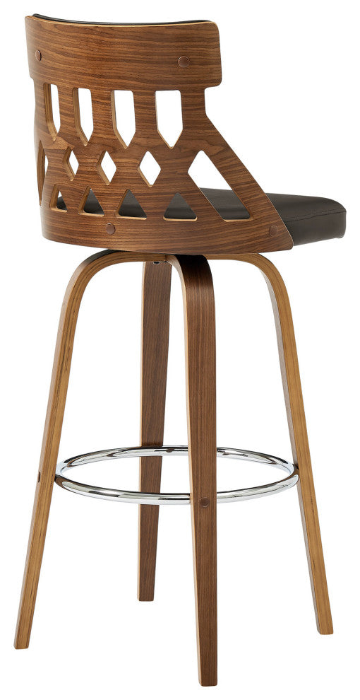 26" Cream Faux Leather Curved Back Walnut Wood Swivel Bar Stool