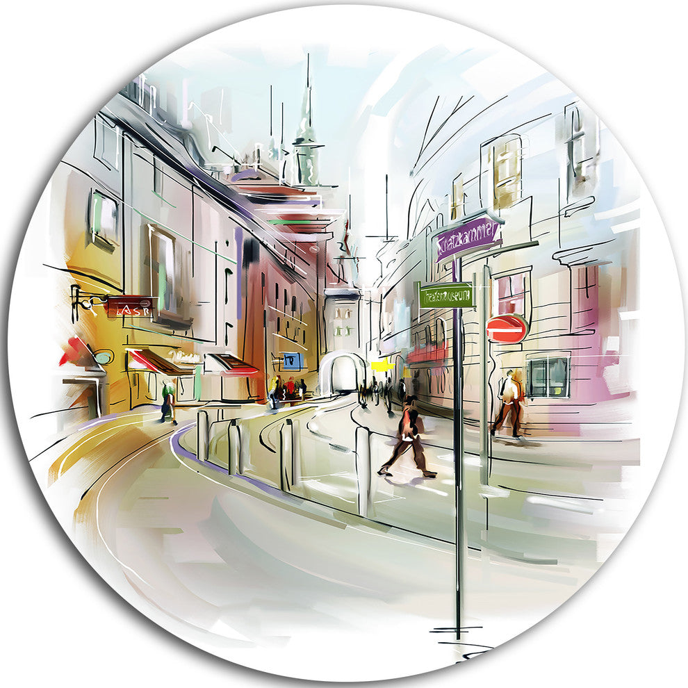 Colorful Illustration Of City, Cityscape Disc Metal Wall Art, 36"