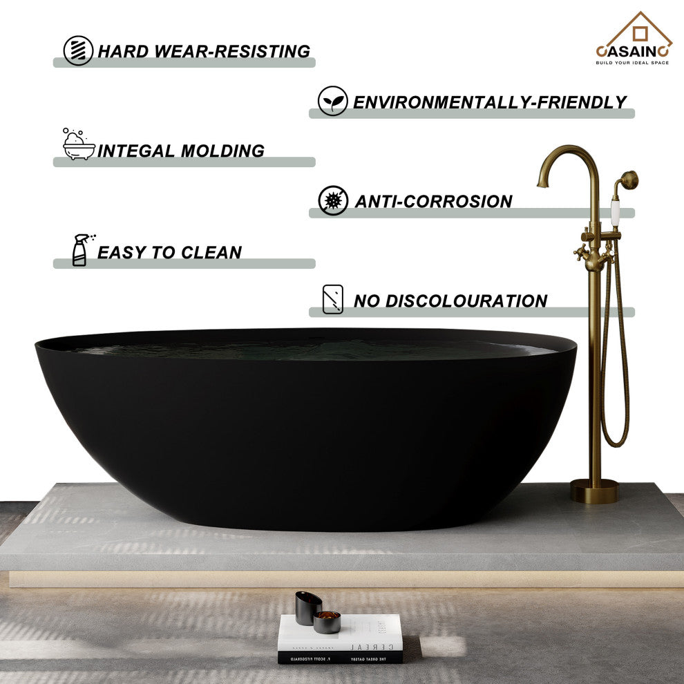 67in Solid Surface Freestanding Bathtub in Matte White, Matte Black