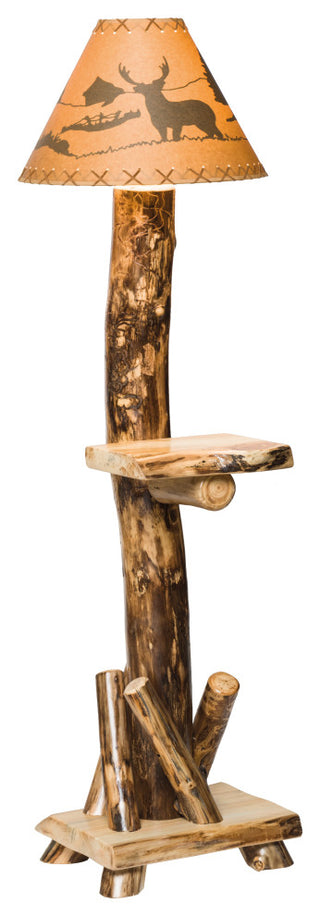 Rustic Aspen Log Floor Lamp With Shelf