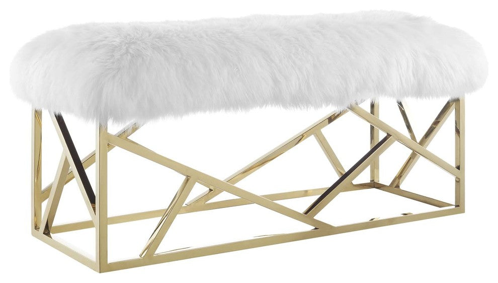 Modway Intersperse Sheepskin Bench, Gold White