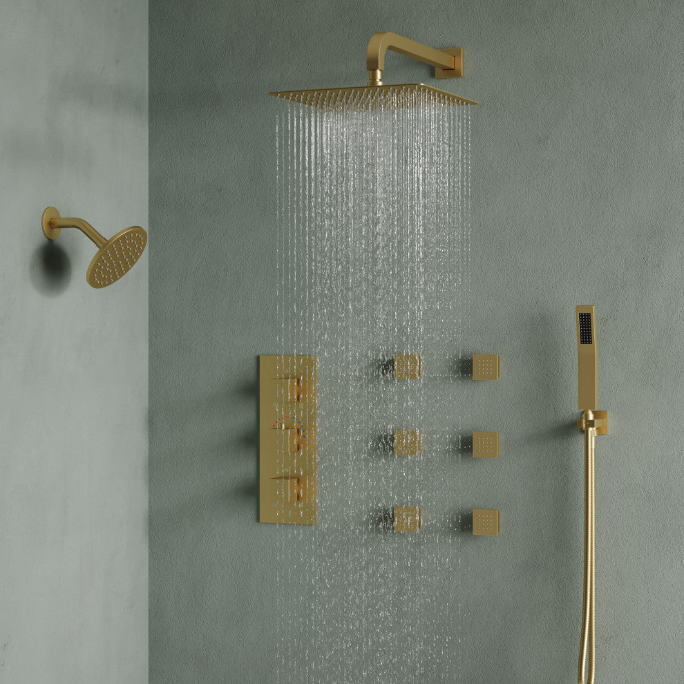 Dual Heads 12" Rain Shower System With 3 Way Thermostatic Faucet,Body Jets, Brushed Gold