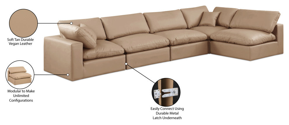 Comfy Upholstered L-Shaped Modular Sectional, Tan, 5-Piece: 3 Armless Chair, 2 Corner Chair, Vegan Leather