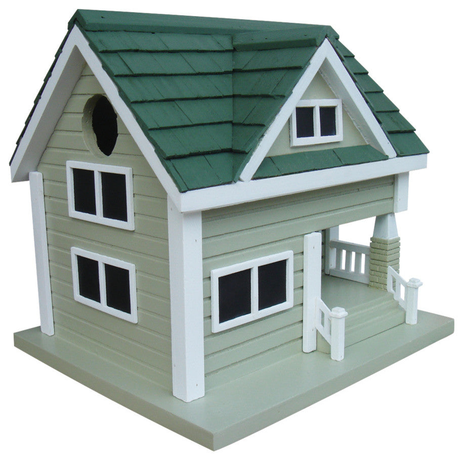 Bungalow Birdhouse, Gray with Green Roof