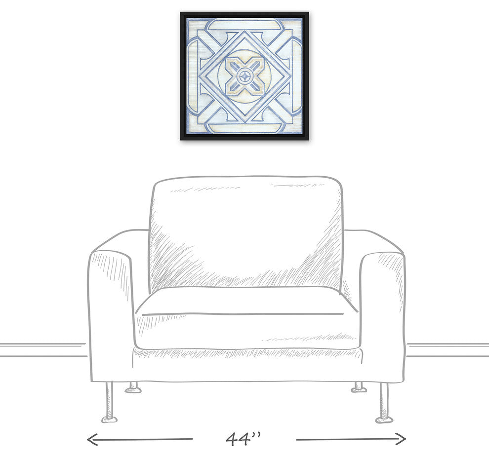 Blue and White Watercolor Tile 16x16 Black Floating Framed Canvas