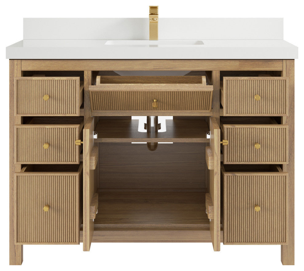 Sonoma 48 Single Sink Bath Vanity in Light Natural Teak with 2" White Quartz