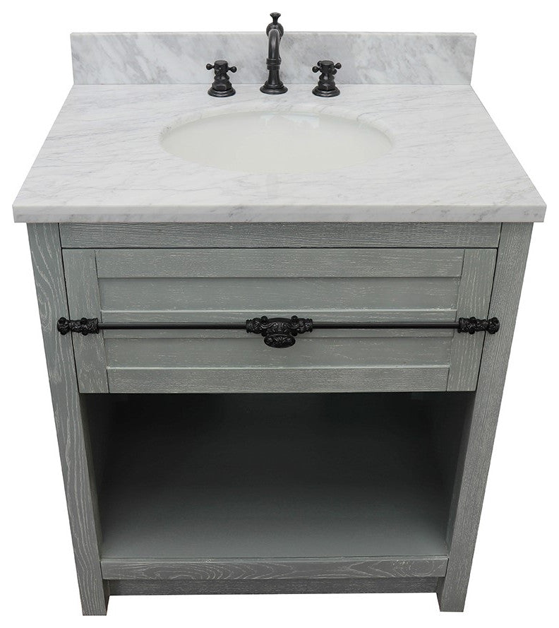 30" Single Vanity, Gray Ash, White Carrara Top, Oval Sink