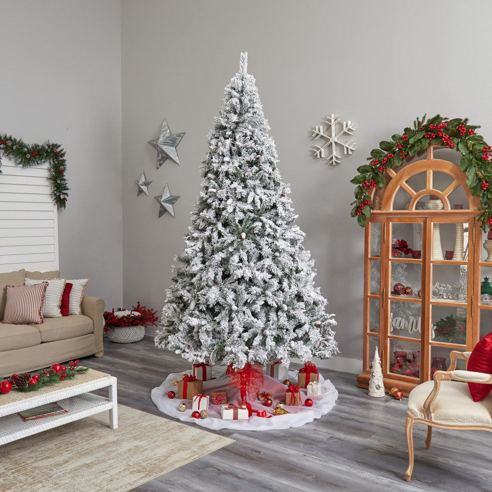 10' Flocked West Virginia Fir Faux Xmas Tree W/ 800 Clear LED Lights & 1680 Tips