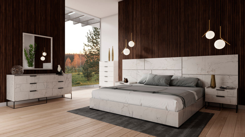 Nova Domus Marbella Italian Modern White Marble Bed With 2 Nightstands, Eastern King