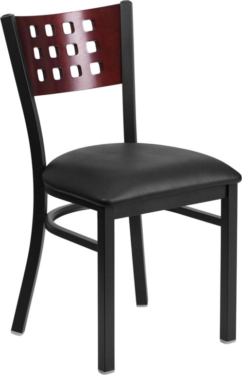 Black Cutout Back Metal Chair, Mahogany Wood Back, Black Vinyl Seat
