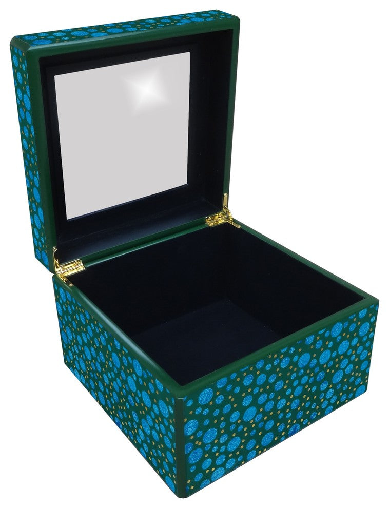 Reverse Painted Mirror Box in Blue and Green Dots, Large, Medium