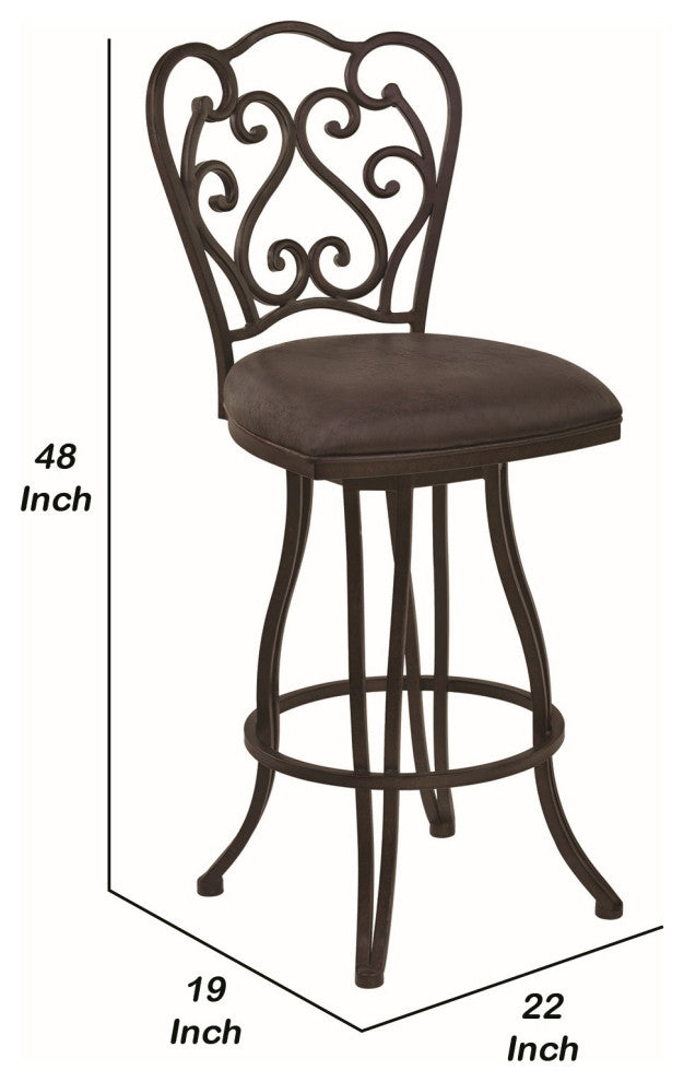 Metal Scroll Design Open Back Barstool with Fabric Padded Seat, Gray