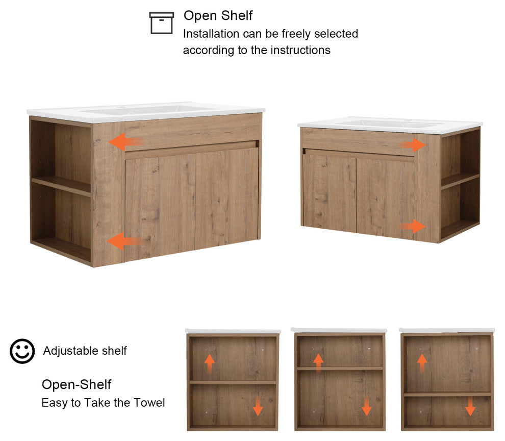 30 inch Wood Wall-Mounted Bathroom Vanity Set with Integrated Resin Sink, Imitative Oakï¼Œwhite