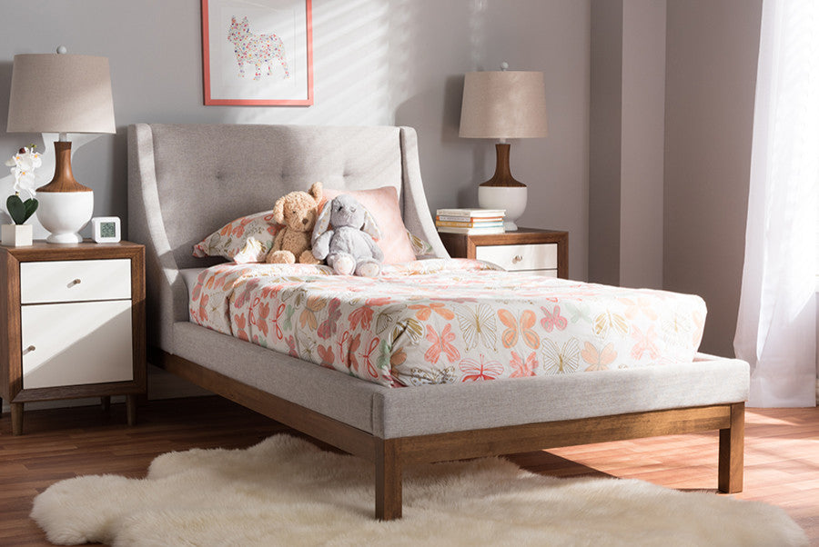 Louvain Grayish Beige Upholstered Walnut Twin Sized Platform Bed
