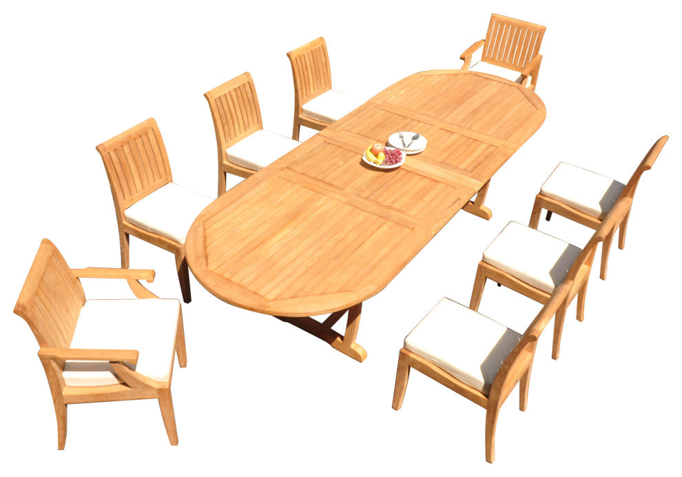 9-Piece Outdoor Patio Teak Dining Set: 117" Masc Oval Extn Table, 8 Lagos Chairs