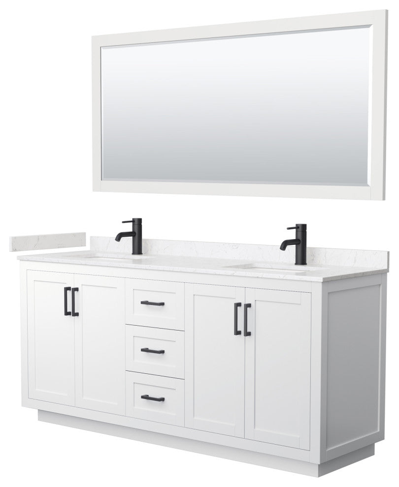72"DBL Vanity White, Light-Vein Carrara Cult. Top, Sinks, Black Trim, 70"Mirror