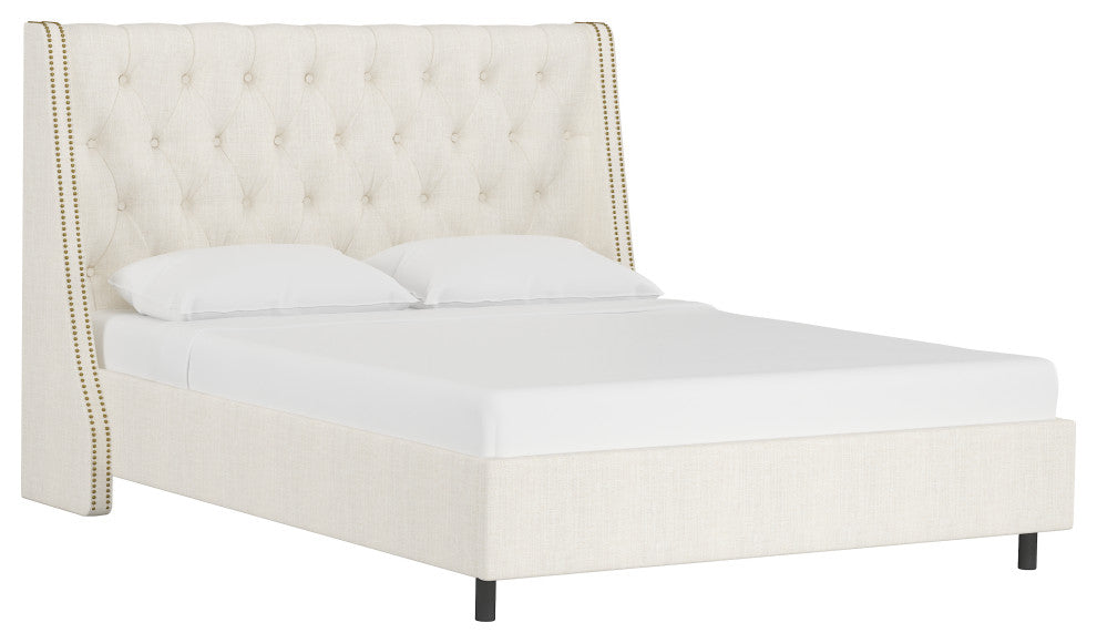 Williams Full Nail Button Diamond Wingback Platform Bed, Linen Talc