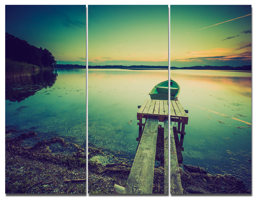 Pier and Boat in Vintage Lake, Boat Triptych Canvas Art Print, 36x28, 3 Panels