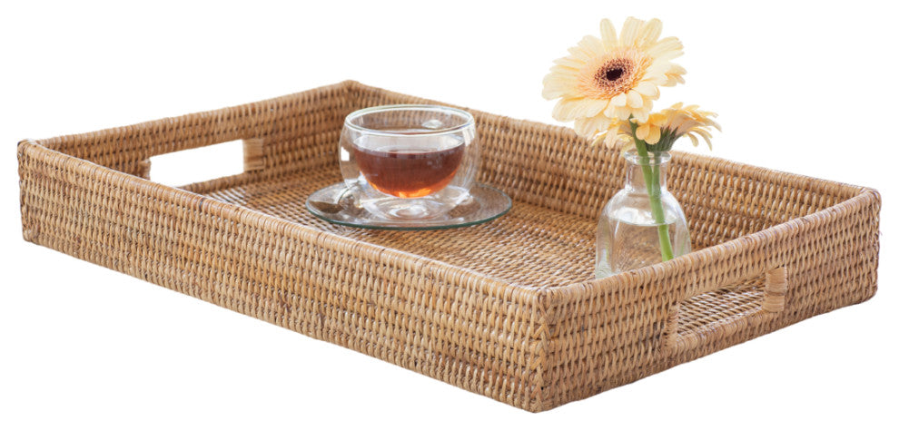Artifacts Rattan Rectangular Tray With Cutout Handles, Honey Brown, Large