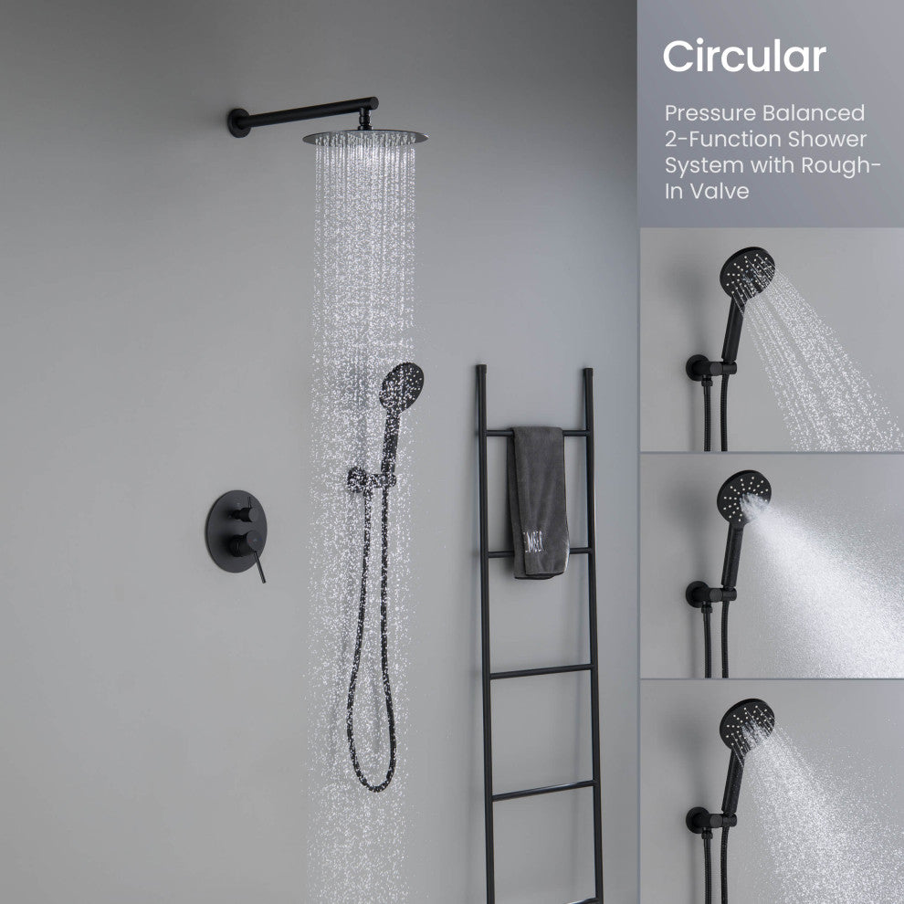 Circular Pressure 2-Function Shower System, Rough-In Valve, Matte Blac