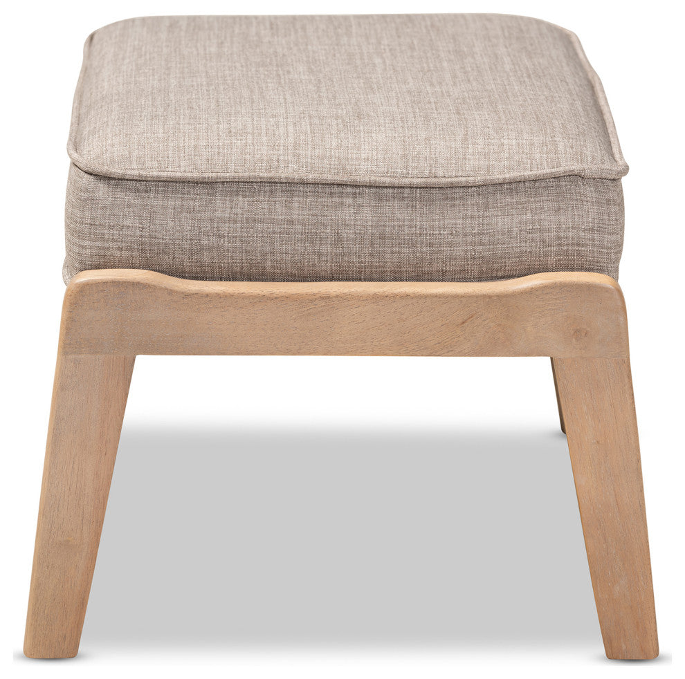 Woodard Light Grey Fabric Upholstered Antique Oak Wood Ottoman