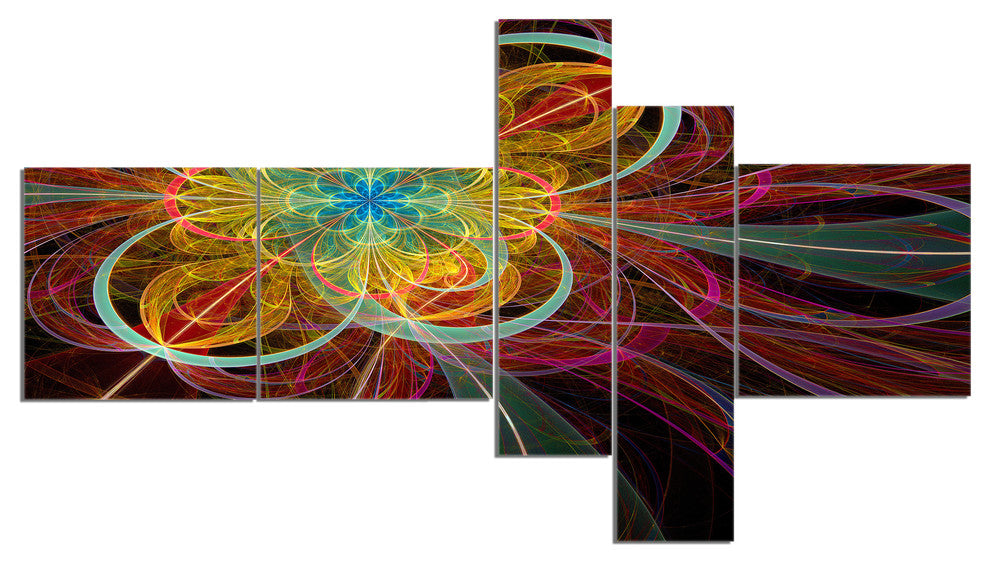 Colorful Red Fractal Flower, Abstract Canvas Art Print, 60"x32", 5 panels
