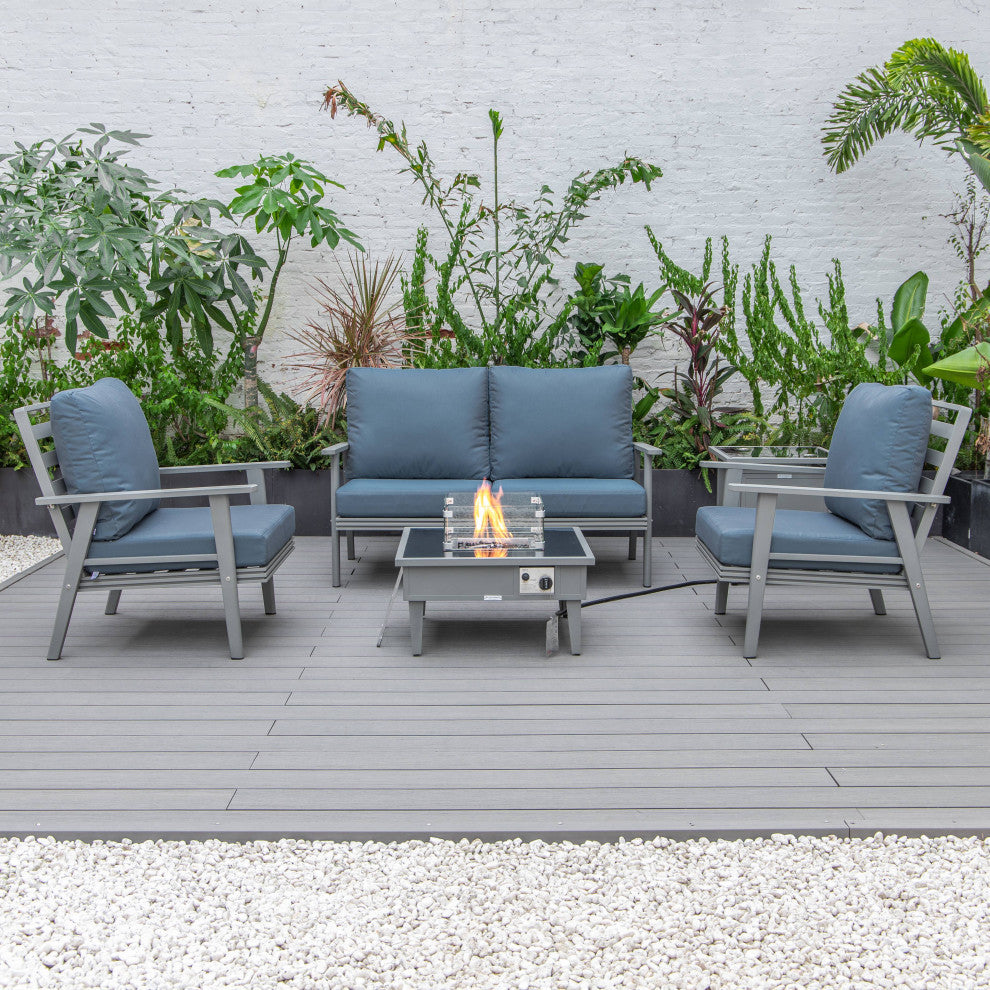 LeisureMod Walbrooke Gray Patio Conversation Set With Fire Pit, Navy Blue