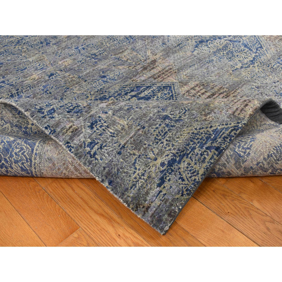 Blue Silk With Wool Erased Rosette Design Hand Knotted Oriental Rug 8'9"x12'