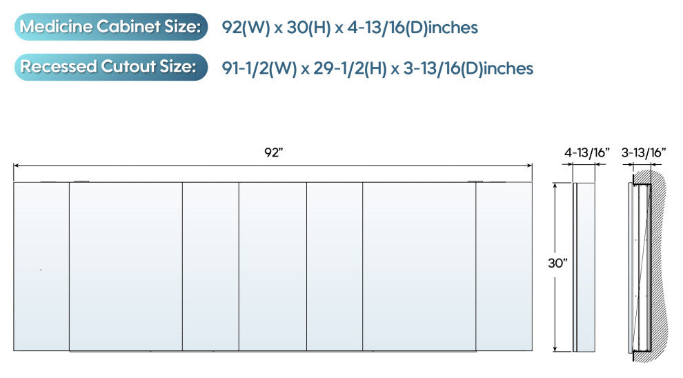 Recessed/Surface Mount Bathroom Medicine Cabinet, Reverse Installation, 92"x30"