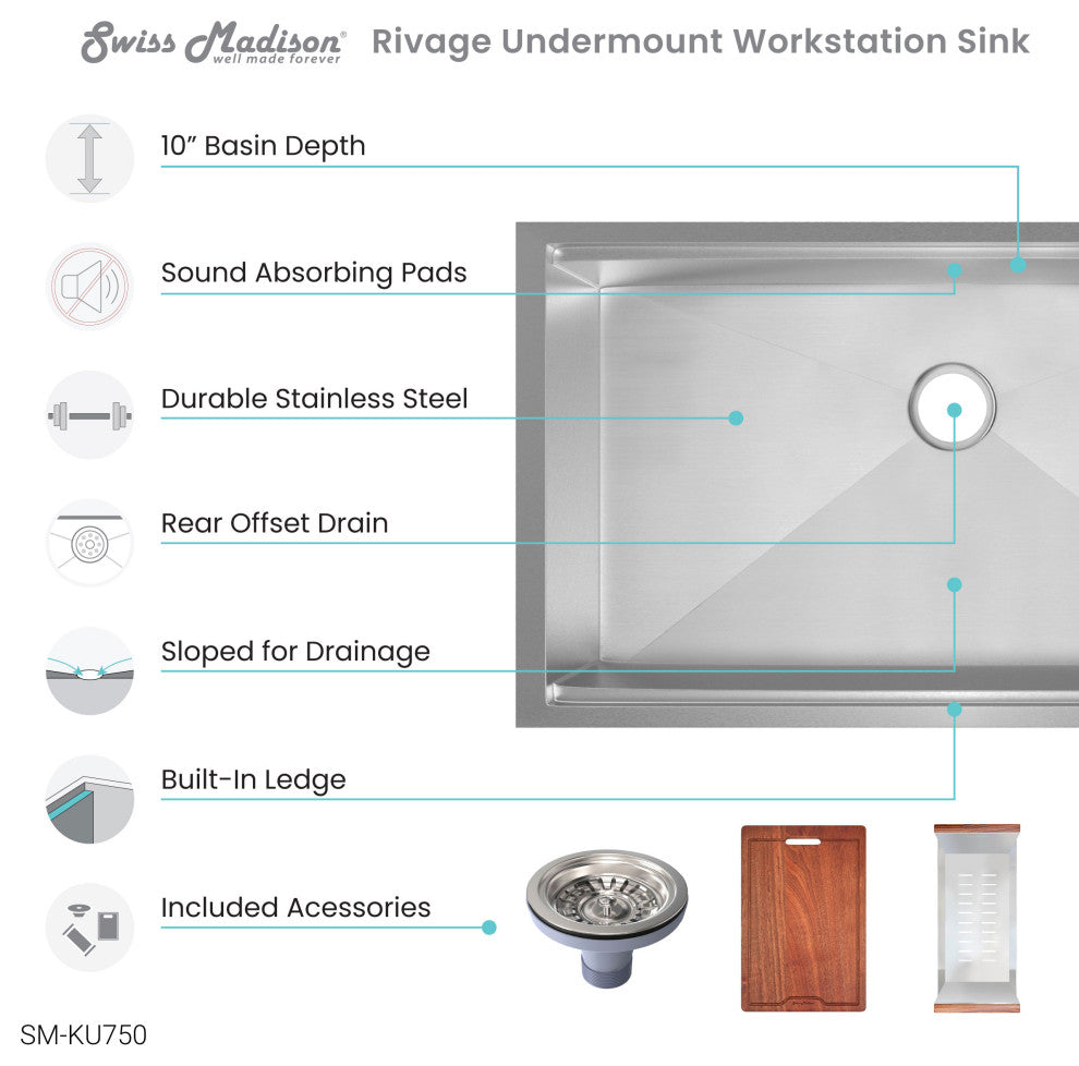 Rivage 33x19" Single Basin Undermount Kitchen Workstation Sink