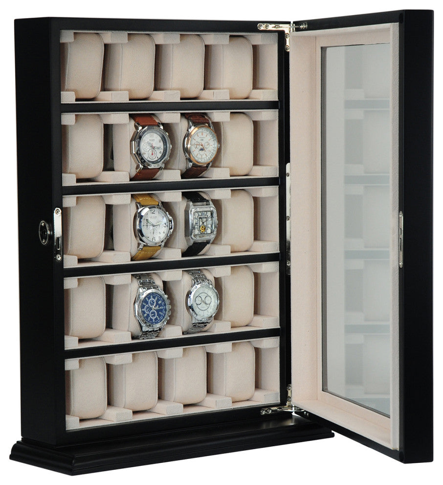 20 Piece Black Ebony Wood Watch Display Wall Hanging Case and Storage Organizer