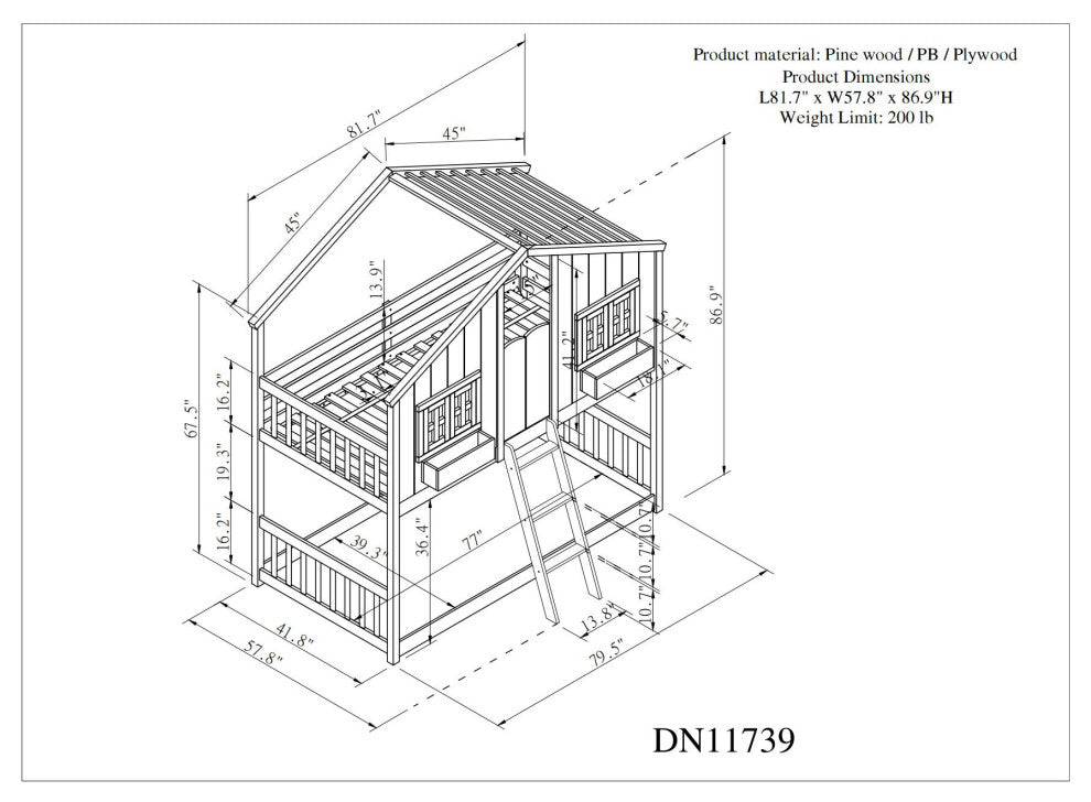 Twin over Twin Low Height Wood House Bunk Bed with Roof and Ladder, Grey