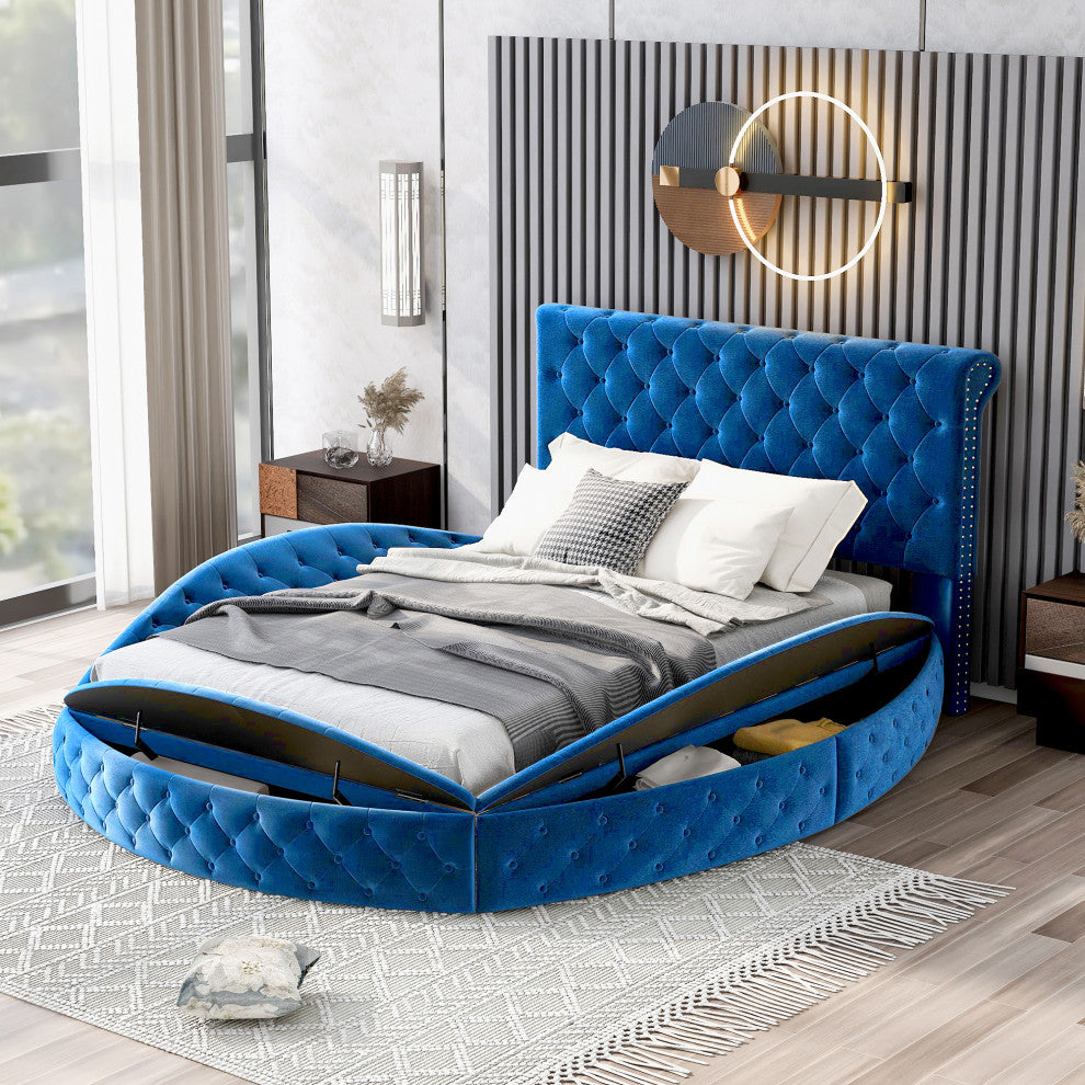 Full/Queen Upholstered Frame Platform Bed with Storage on Both Sides, Blue, Full