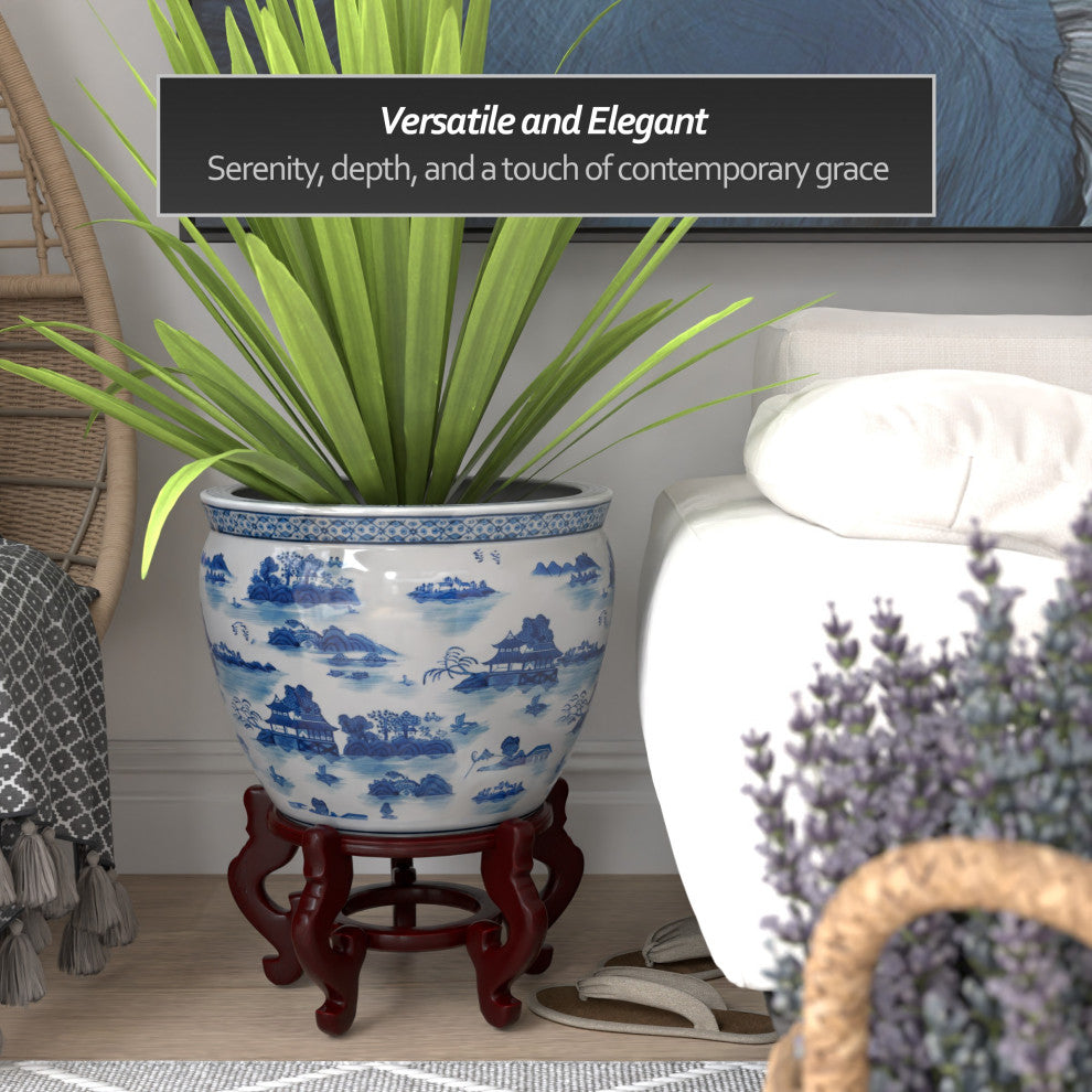 16" Landscape Blue and White Porcelain Fishbowl