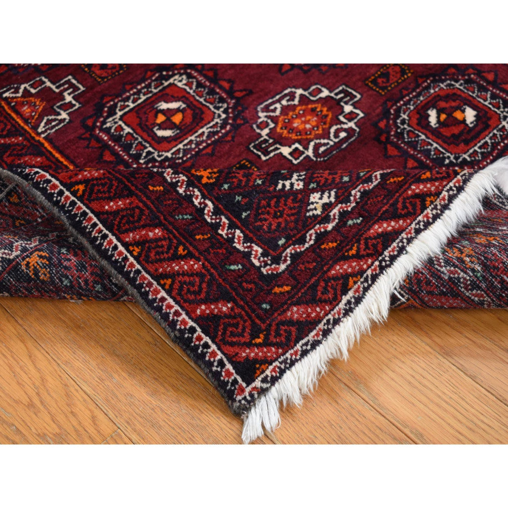 Red Vintage Tourkaman Bokara Pure Wool Hand Knotted Runner Rug 3'4" x 5'10"