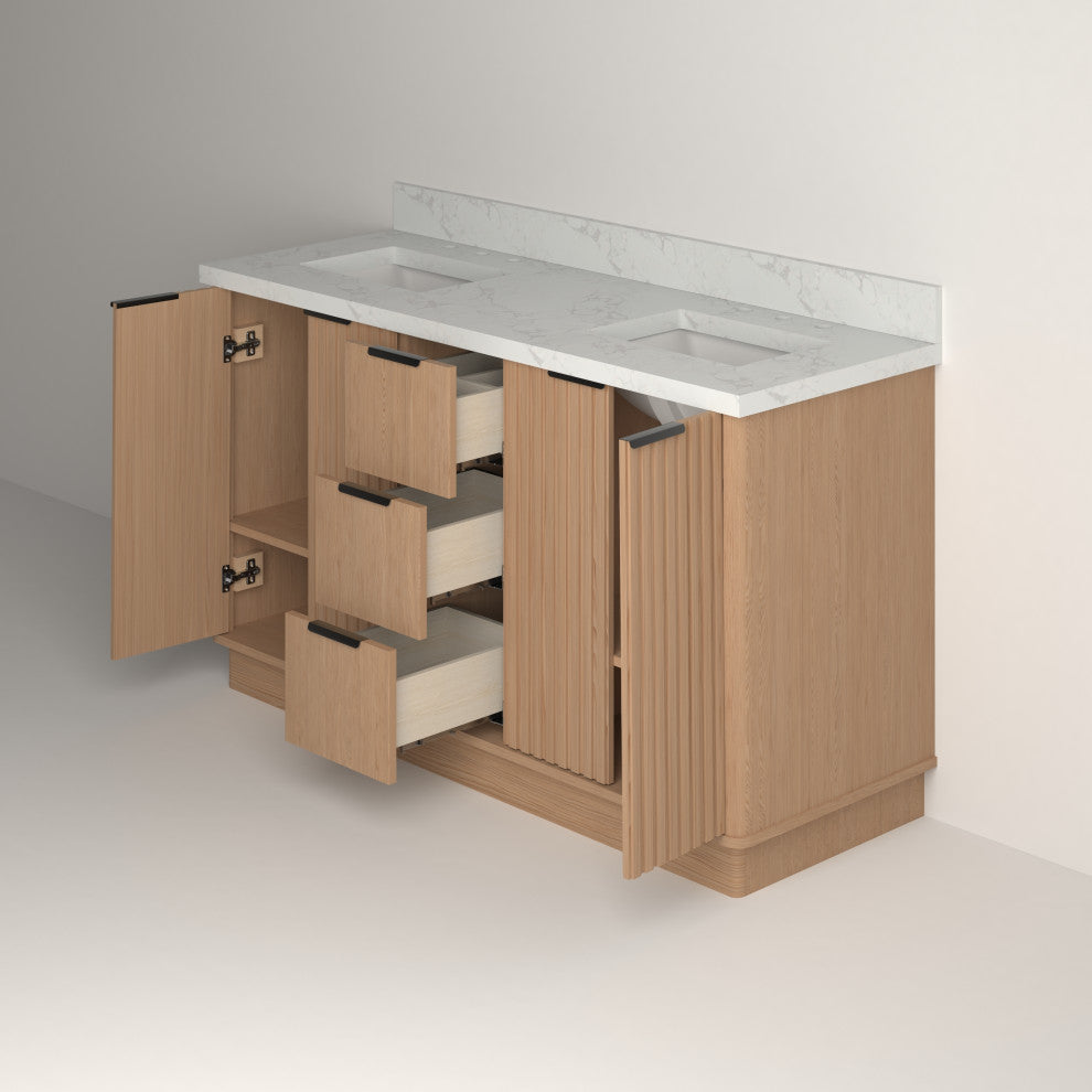 Kathryn Bathroom Vanity, Light Oak, 60", Double Sink, Freestanding